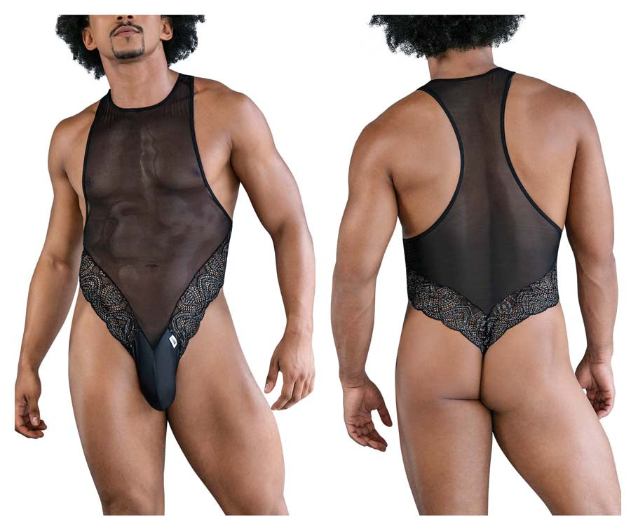 CandyMan 99864 Mens Sheer See-through Lace-Mesh Bodysuit Black