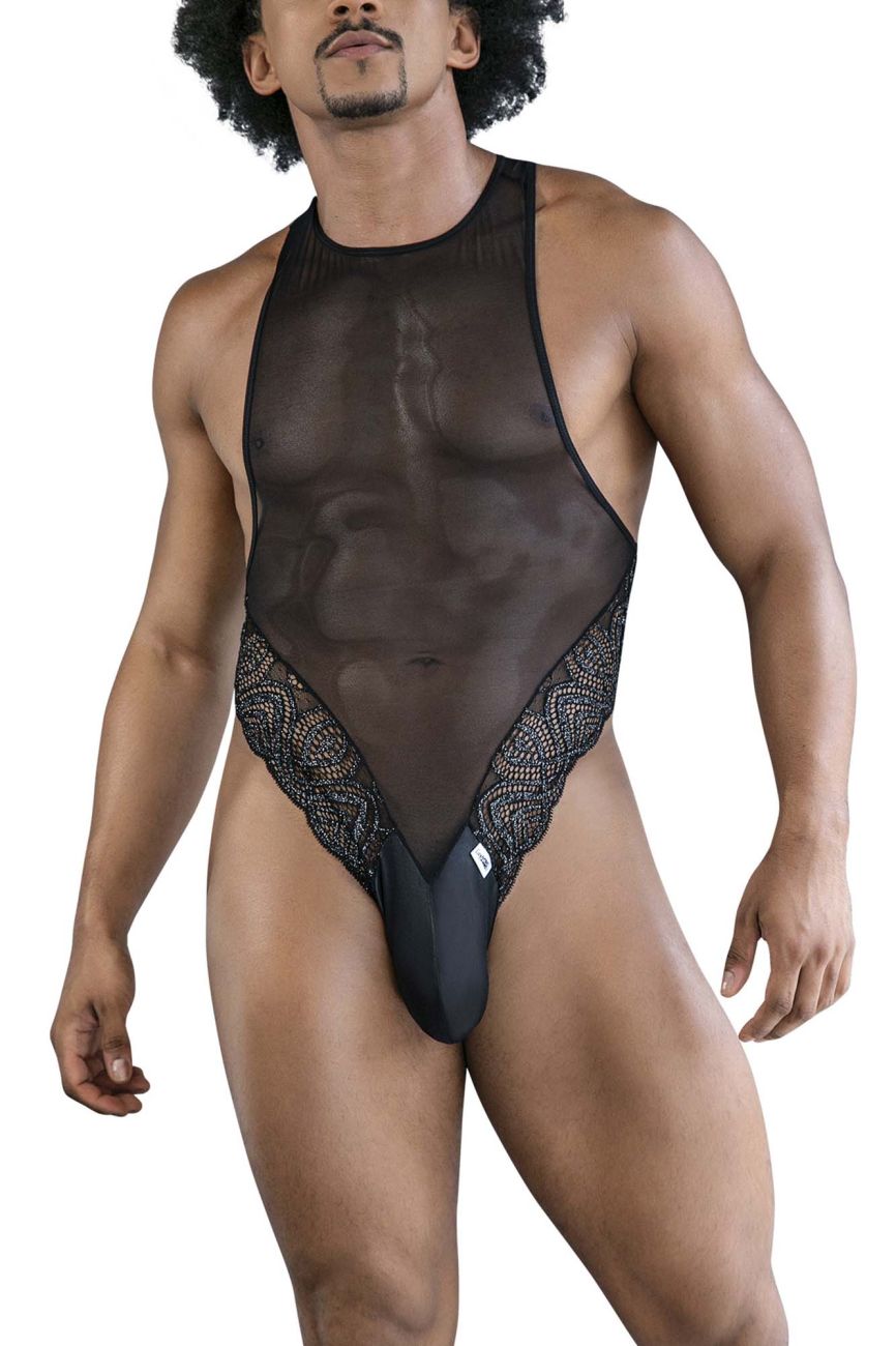CandyMan 99864 Mens Sheer See-through Lace-Mesh Bodysuit Black