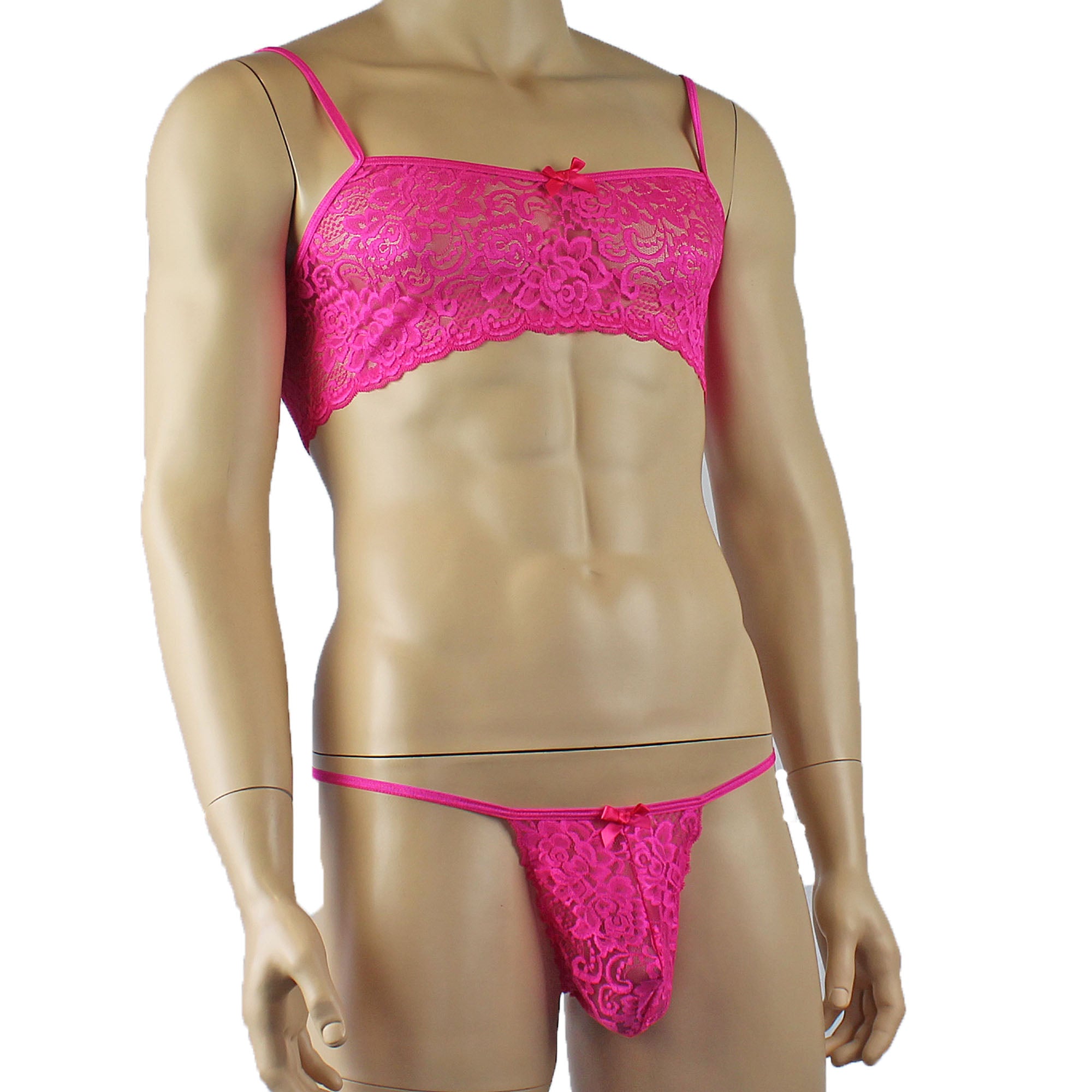 Mens Rebecca Pretty Floral Lingerie Lace Bra Top, Micro Mini Skirt and G string Hot Pink