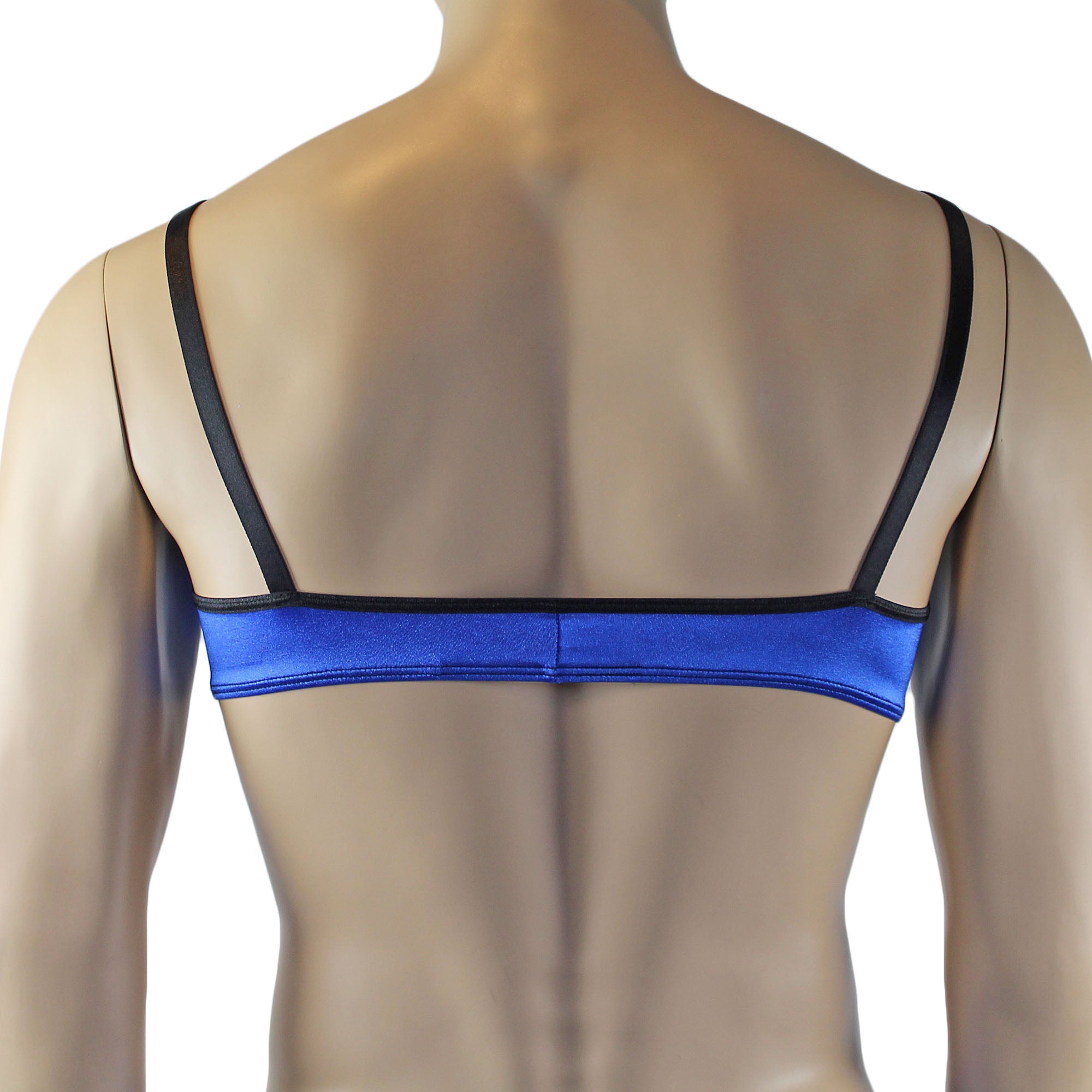 Mens Jenny Shiny Spandex Bra Top, G string and Garterbelt Lingerie Blue & Black