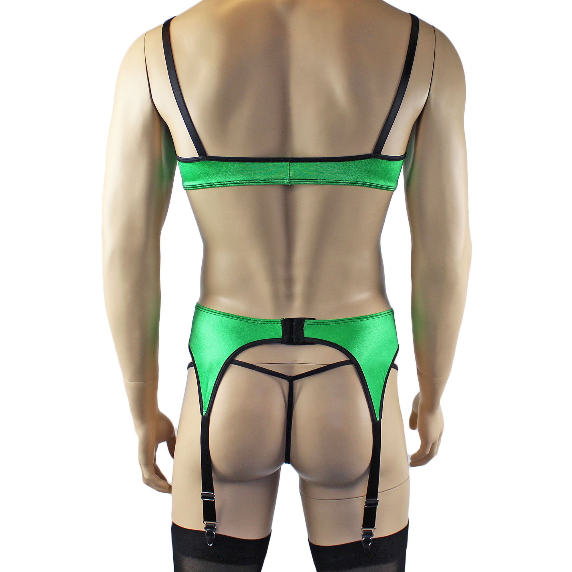Mens Jenny Shiny Spandex Bra Top, G string and Garterbelt Lingerie Neon Green & Black