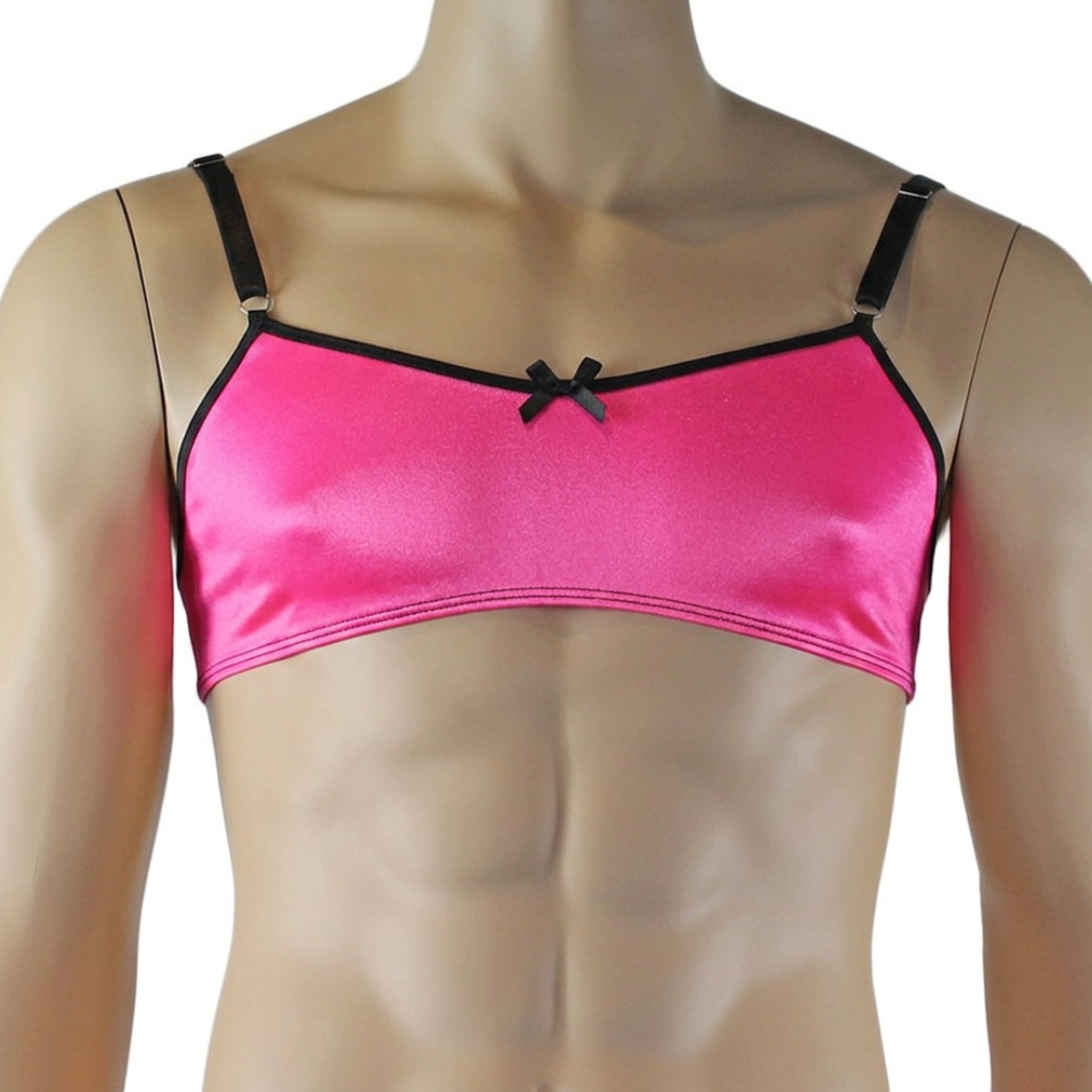 Mens Jenny Shiny Spandex Bra Top, G string and Garterbelt Lingerie Hot Pink & Black