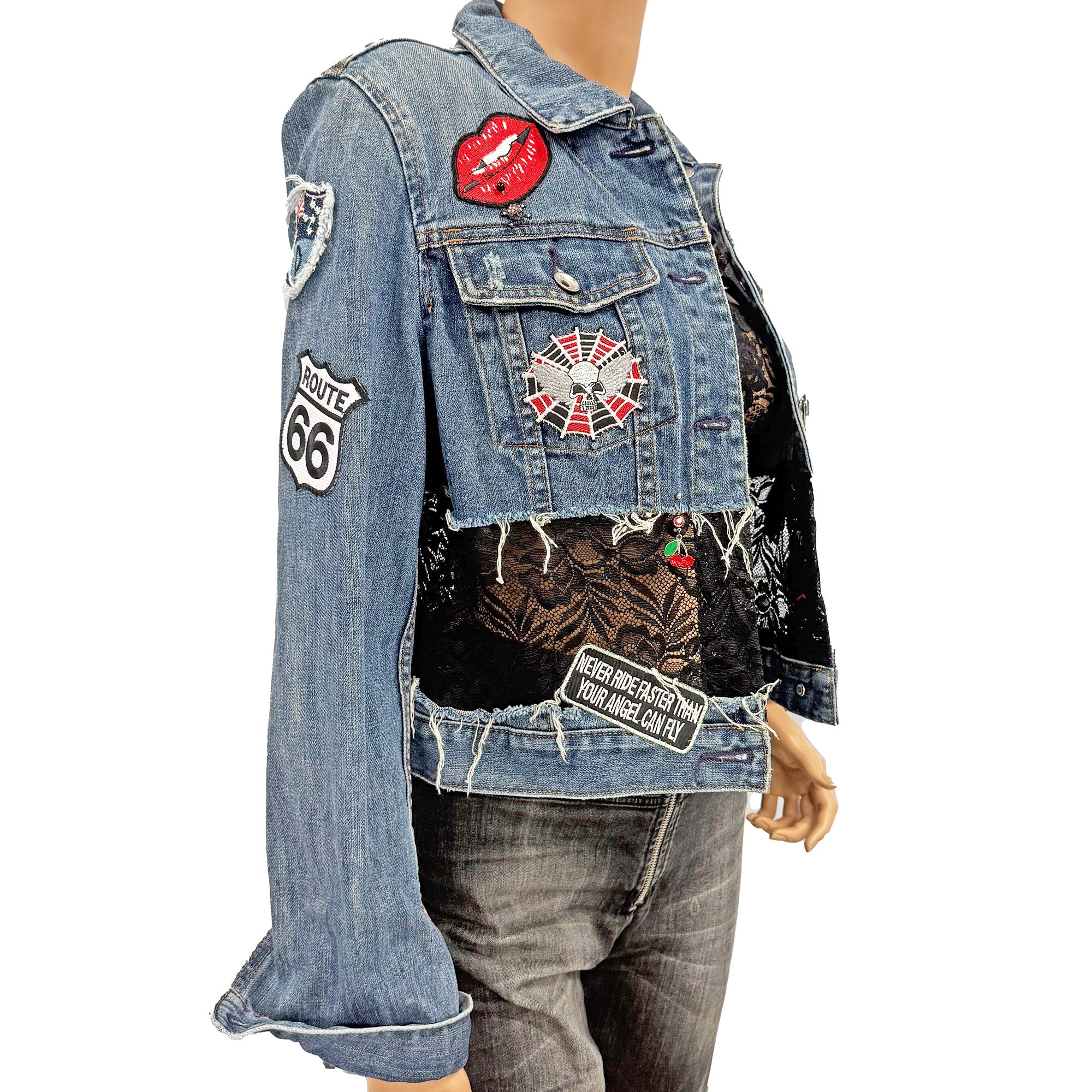 Nikki Re-Designed Denim Jacket with Lace, Patches & Distressed Look