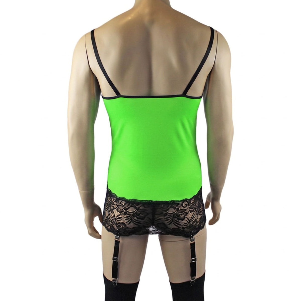 Mens Risque Camisole Mini Dress Chemise, G string & Stockings Neon Green & Black