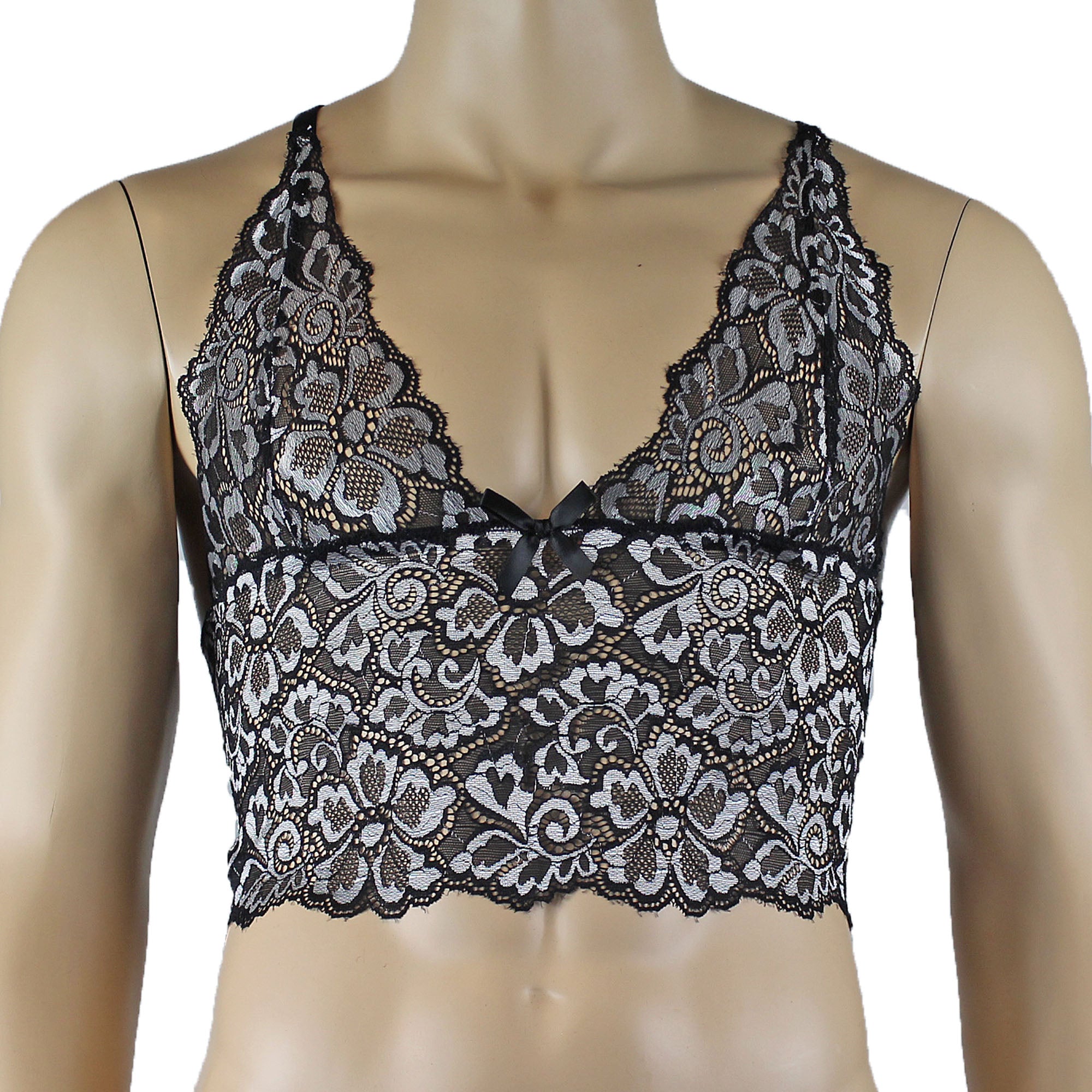 Mens Sweetheart Scalloped Shiny Lace Cami Bra Top for Males (silver plus other colours)