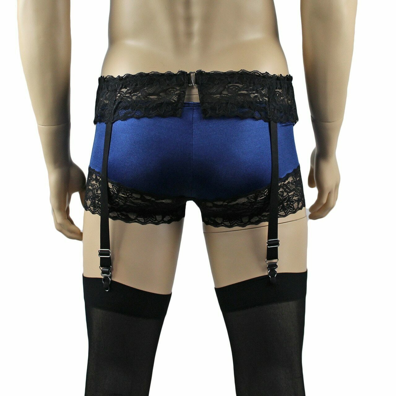 Mens Glamour Lycra & Lace Bra Top, Boxer Brief Shorts with Garterbelt & Stockings
