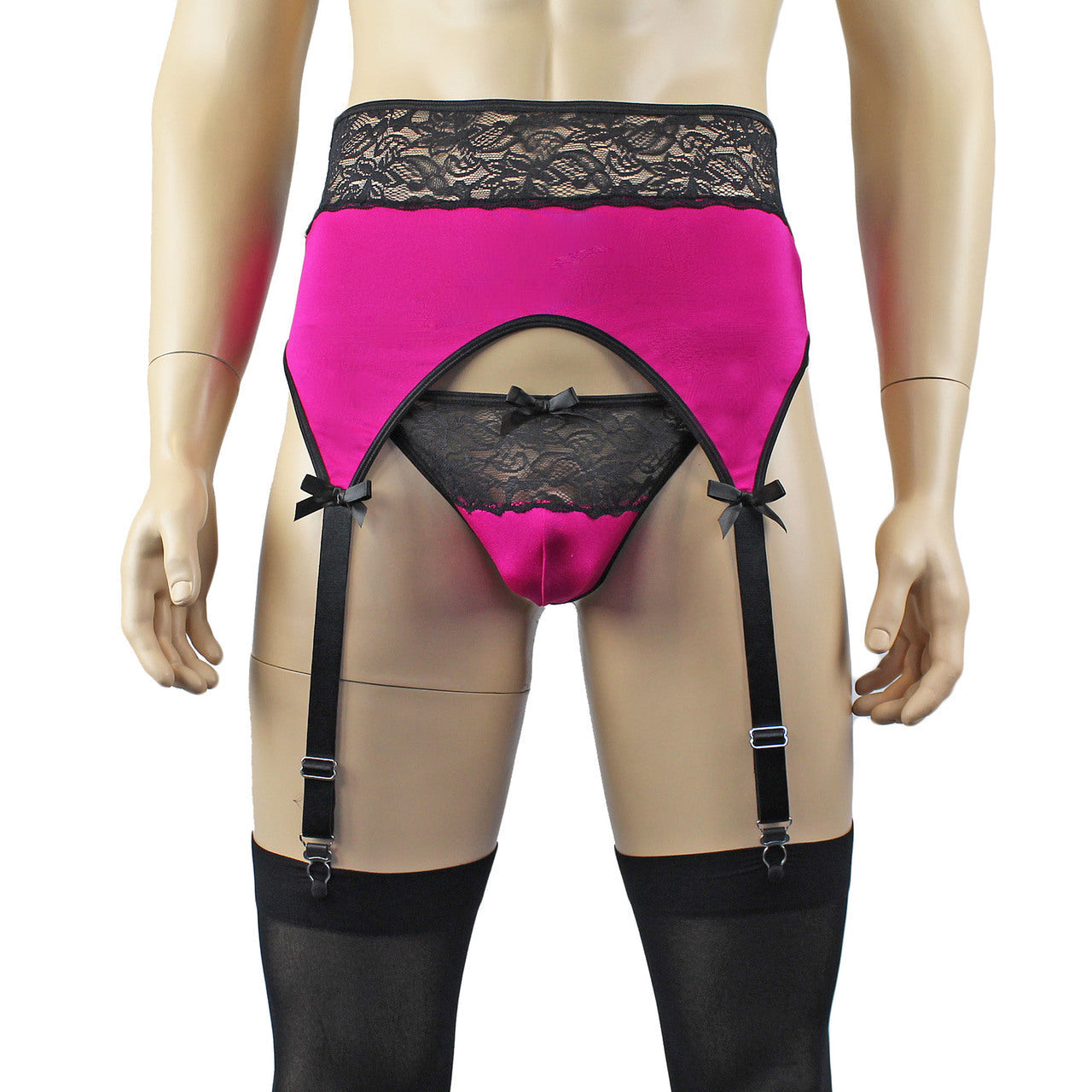 Mens Glamour Lycra & lace Cami Top, High Cut Garterbelt, G string & Stockings (raspberry plus other colours)