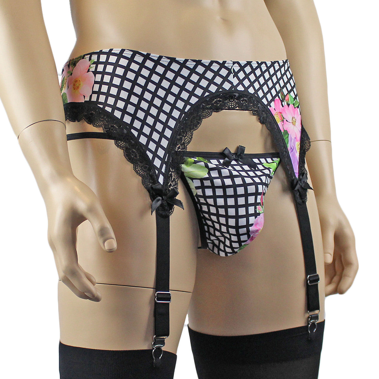 Mens Diana Garterbelt & G string Pouch in our Flower Checkered Print Spandex