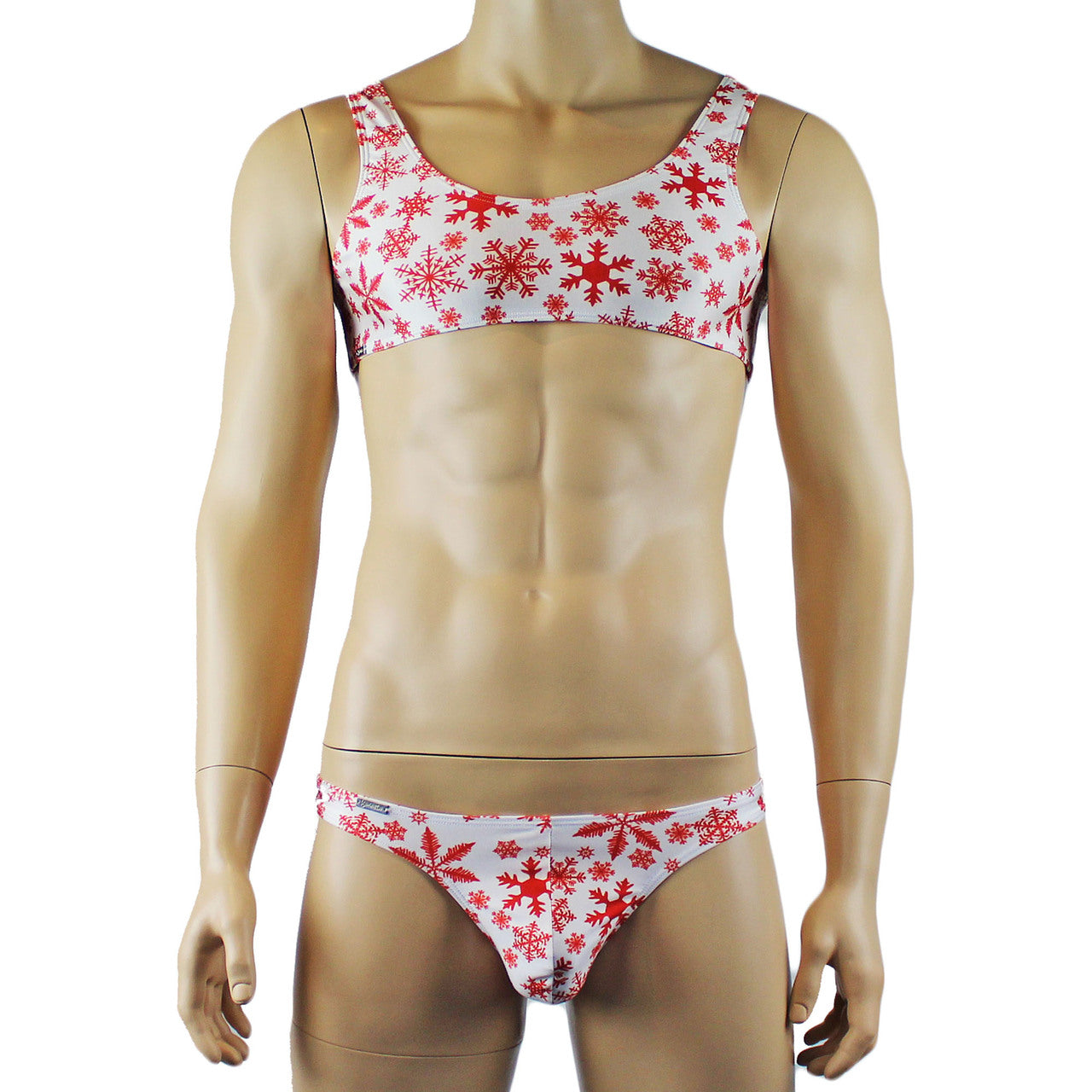 Mens Christmas Snowflake Bra Top & Low Cut Thong White and Red