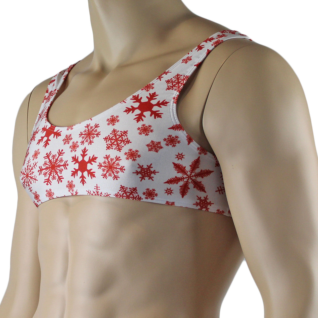 Mens Christmas Snowflake Print Spandex Bra Top White and Red