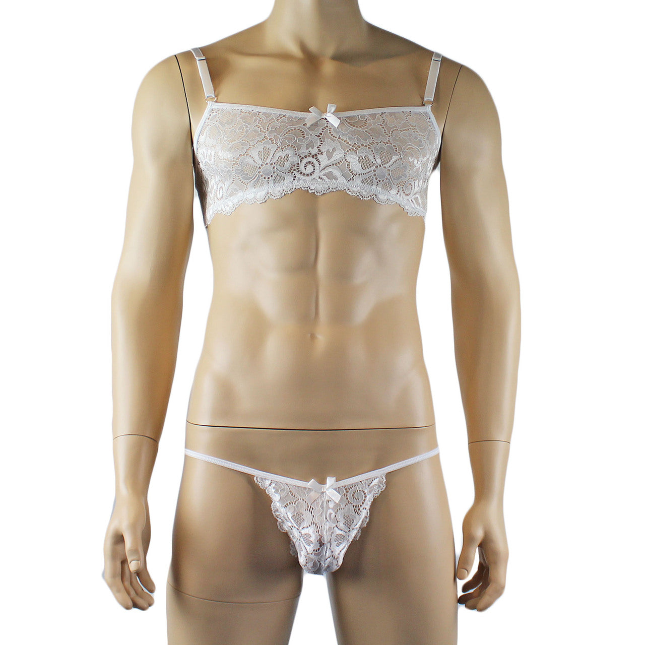 Mens Sweetheart Scalloped Shiny Lace Bra Top and Panty White