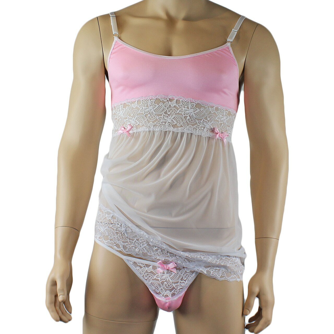 Mens Joanne Sexy Lingerie Babydoll with G string - Sizes up to 3XL (light pink & white plus other colours)
