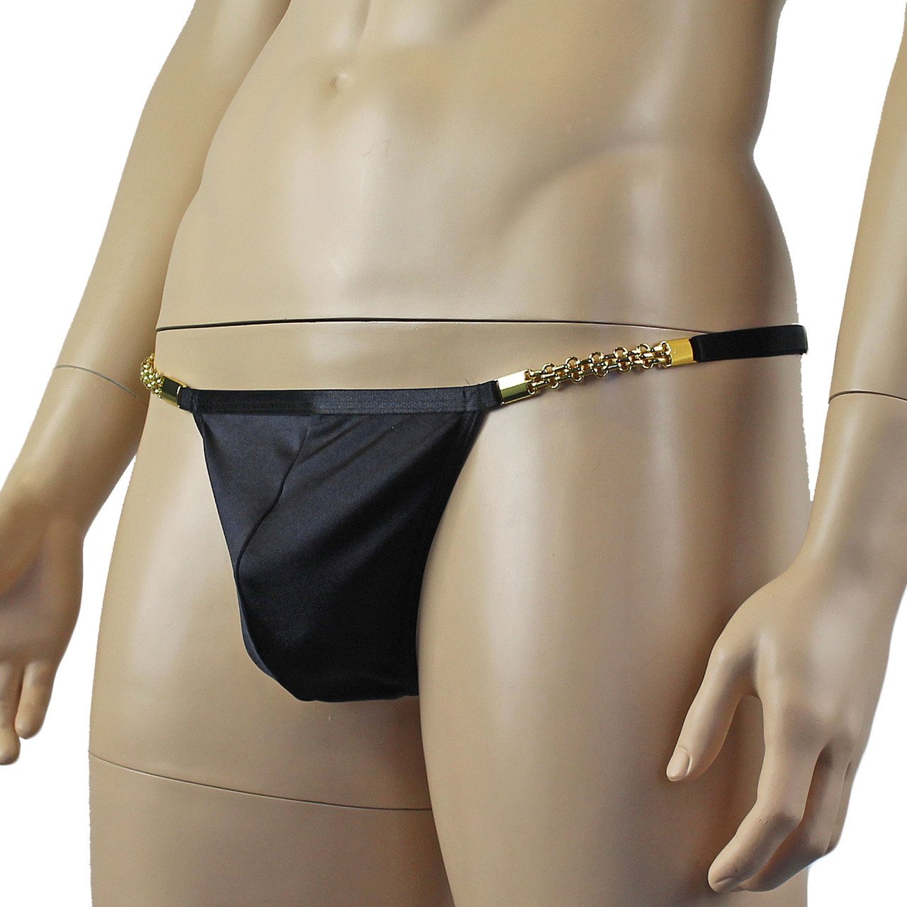 Mens Treasure Hunt G string with Gold Link Long Chain Sides Black