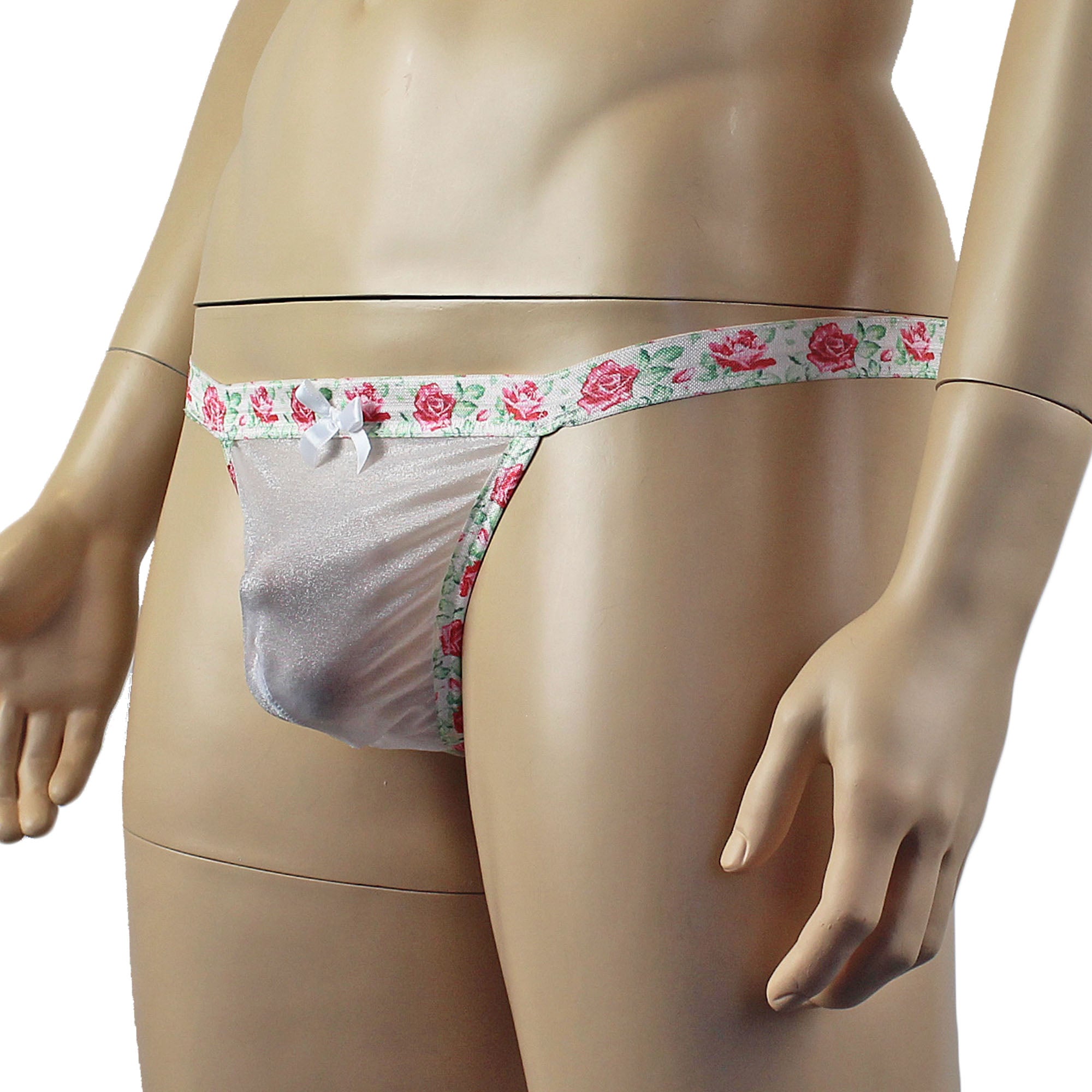Mens Crystal Rose Sheer Stretch Glissenette G string with Flower Trim White