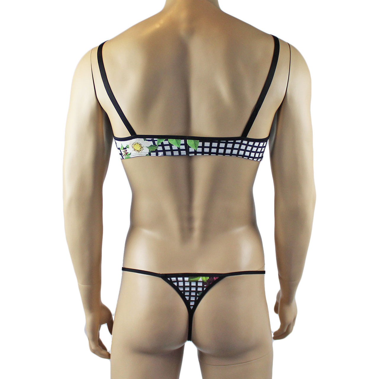 Mens Diana Bra Top & G string in a Pretty Flower Checkered Print Spandex