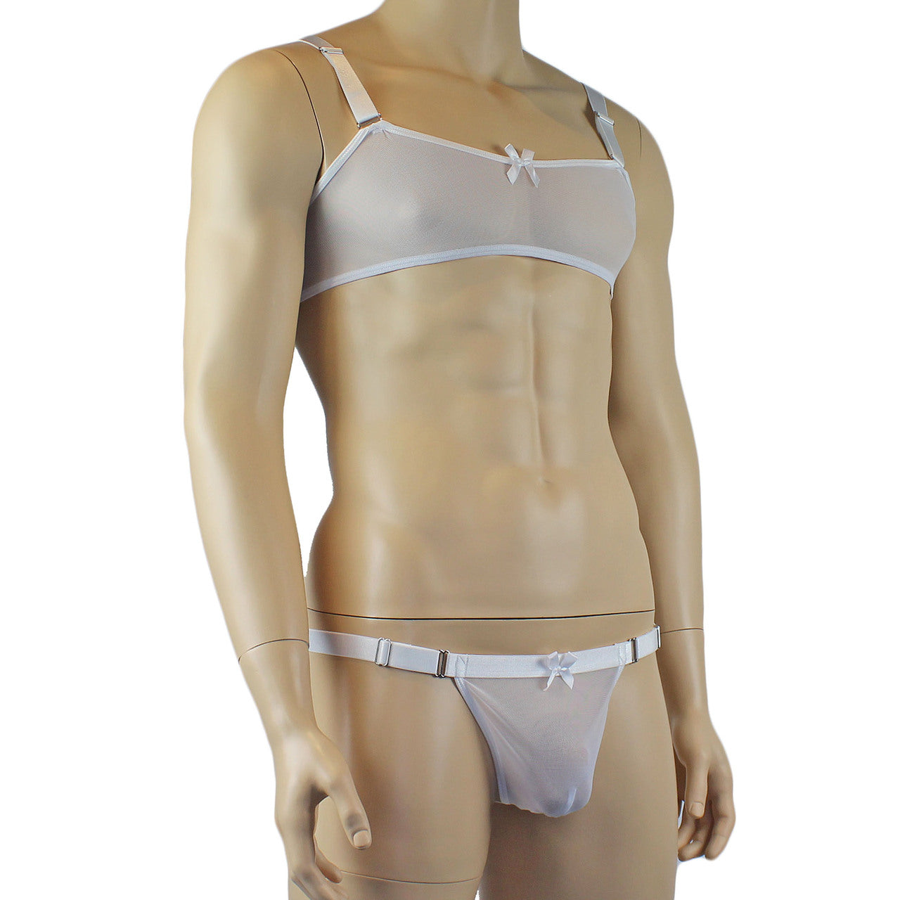 Mens Exotic Sheer Mesh Bra Top & G string White