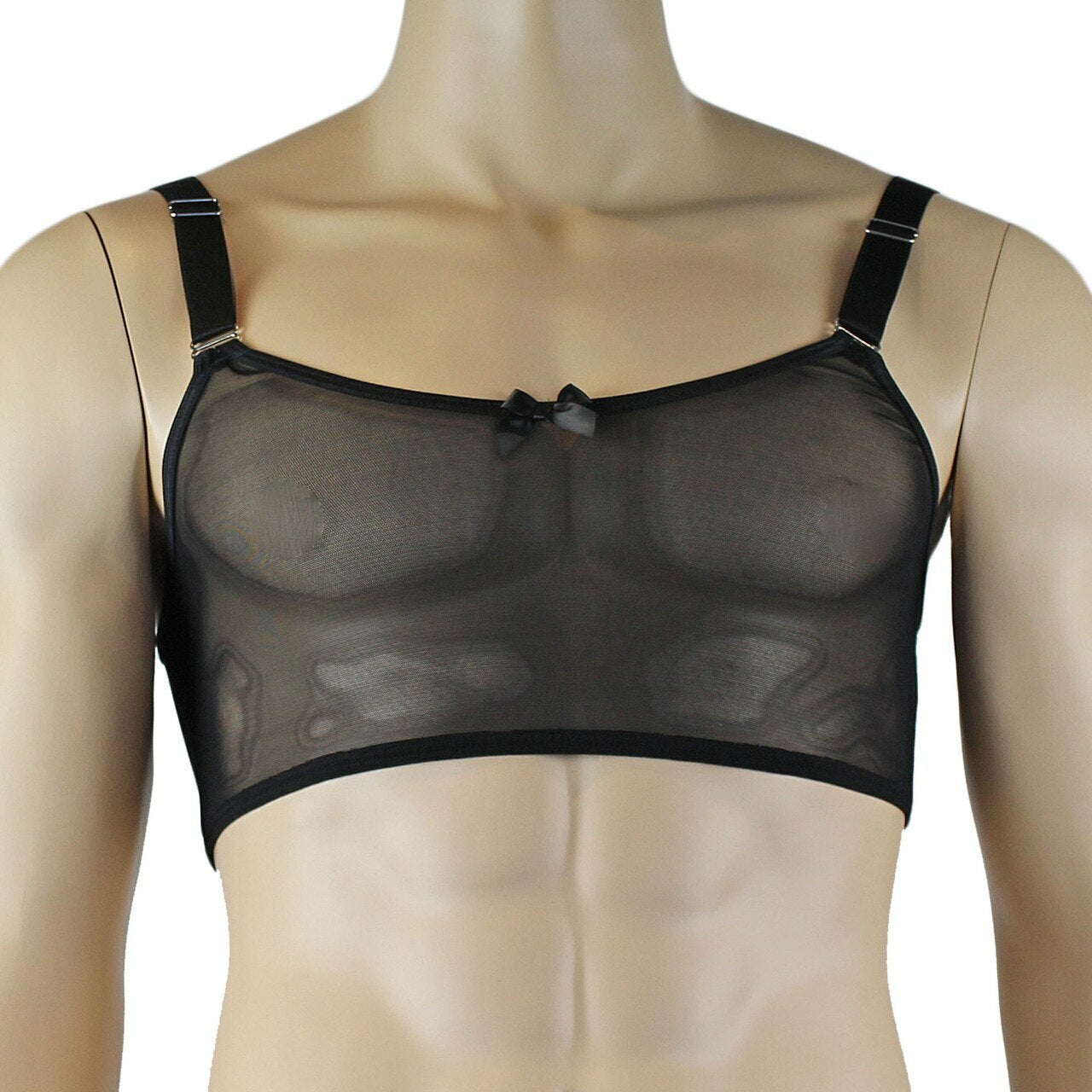 Mens Exotic Sheer Mesh Crop Bra Top Camisole, G string & Garterbelt - Sizes up to 3XL Black