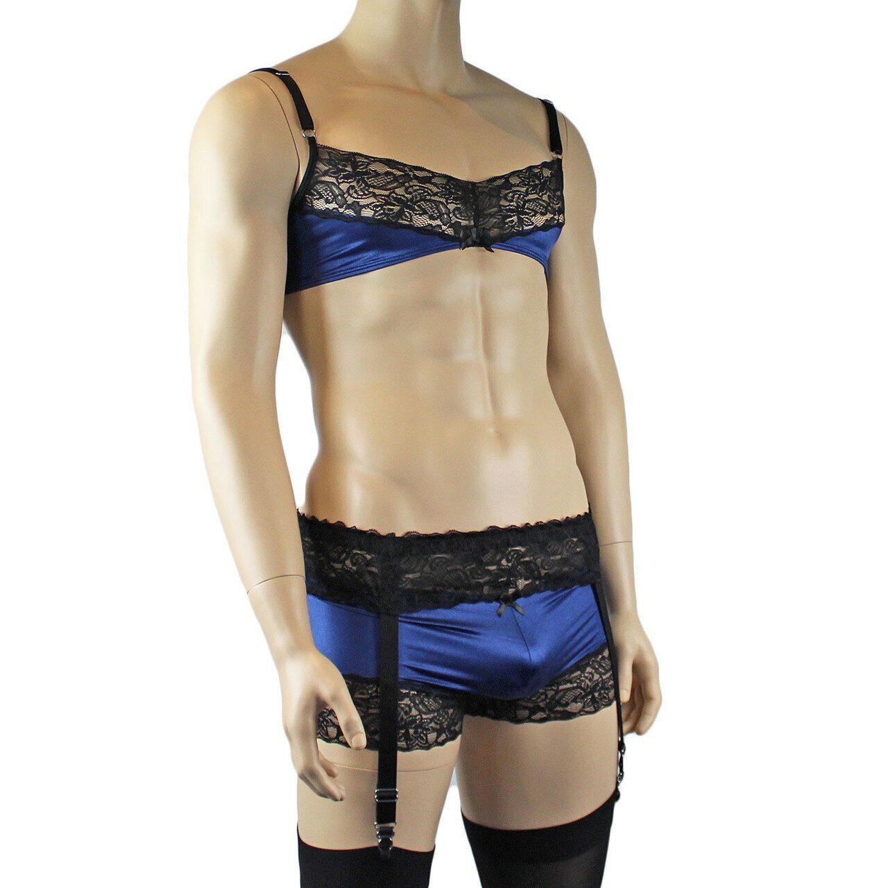 Mens Glamour Lycra & Lace Bra Top, Boxer Brief Shorts with Garterbelt & Stockings