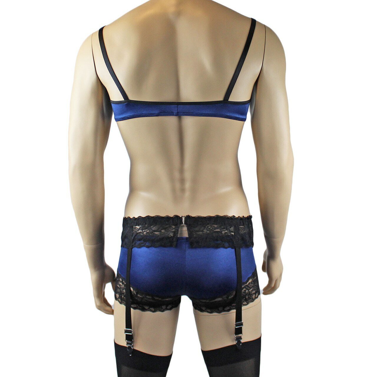 Mens Glamour Lycra & Lace Bra Top, Boxer Brief Shorts with Garterbelt & Stockings