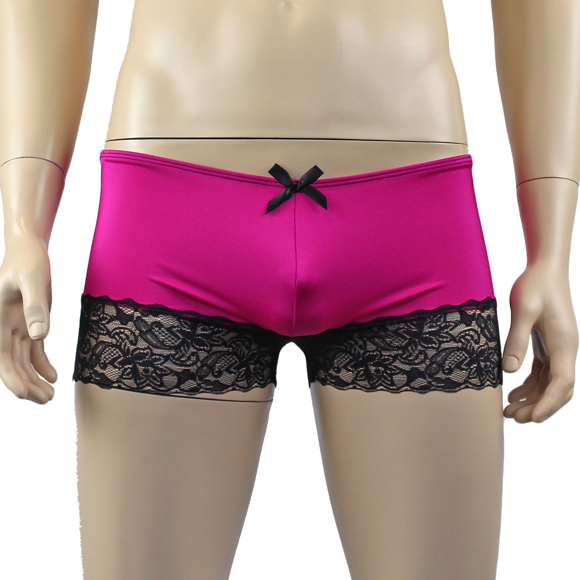 Mens Glamour Spandex Lace Boxer Brief Shorts Raspberry & Black