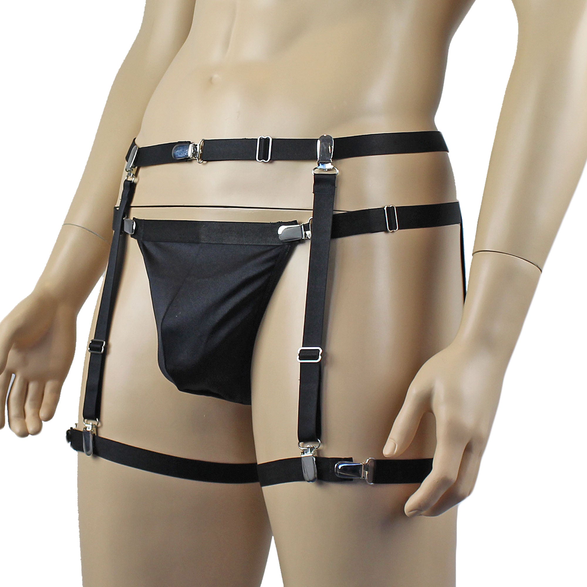 Mens Janice Thong with Adjustable Silver Clip Sides, Garterbelt & Leg Bands Black