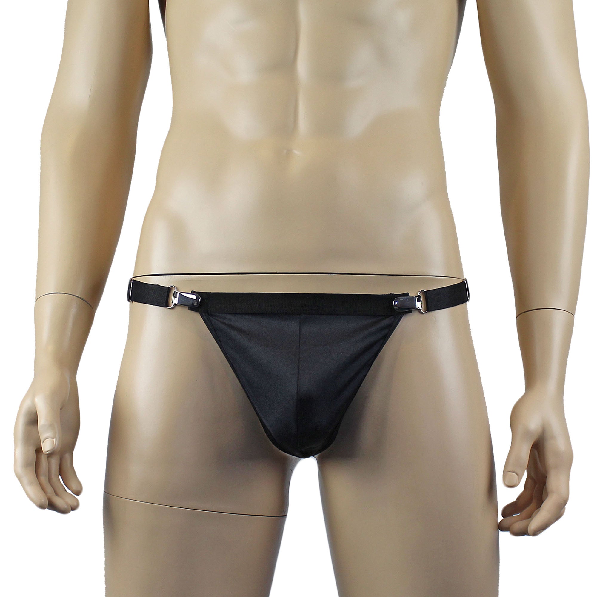 Mens Janice Thong with Adjustable Silver Clip Sides, Garterbelt & Leg Bands Black