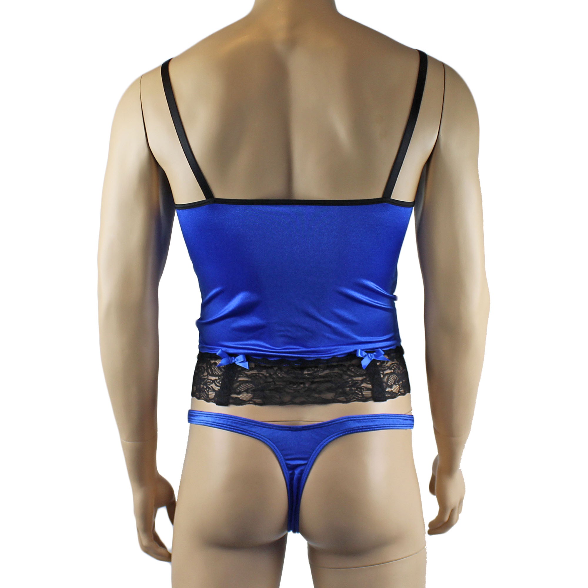 Mens Joanne Camisole Bustier Garter Top with Thong & Stockings Sizes up to 3XL Blue and Black Lace