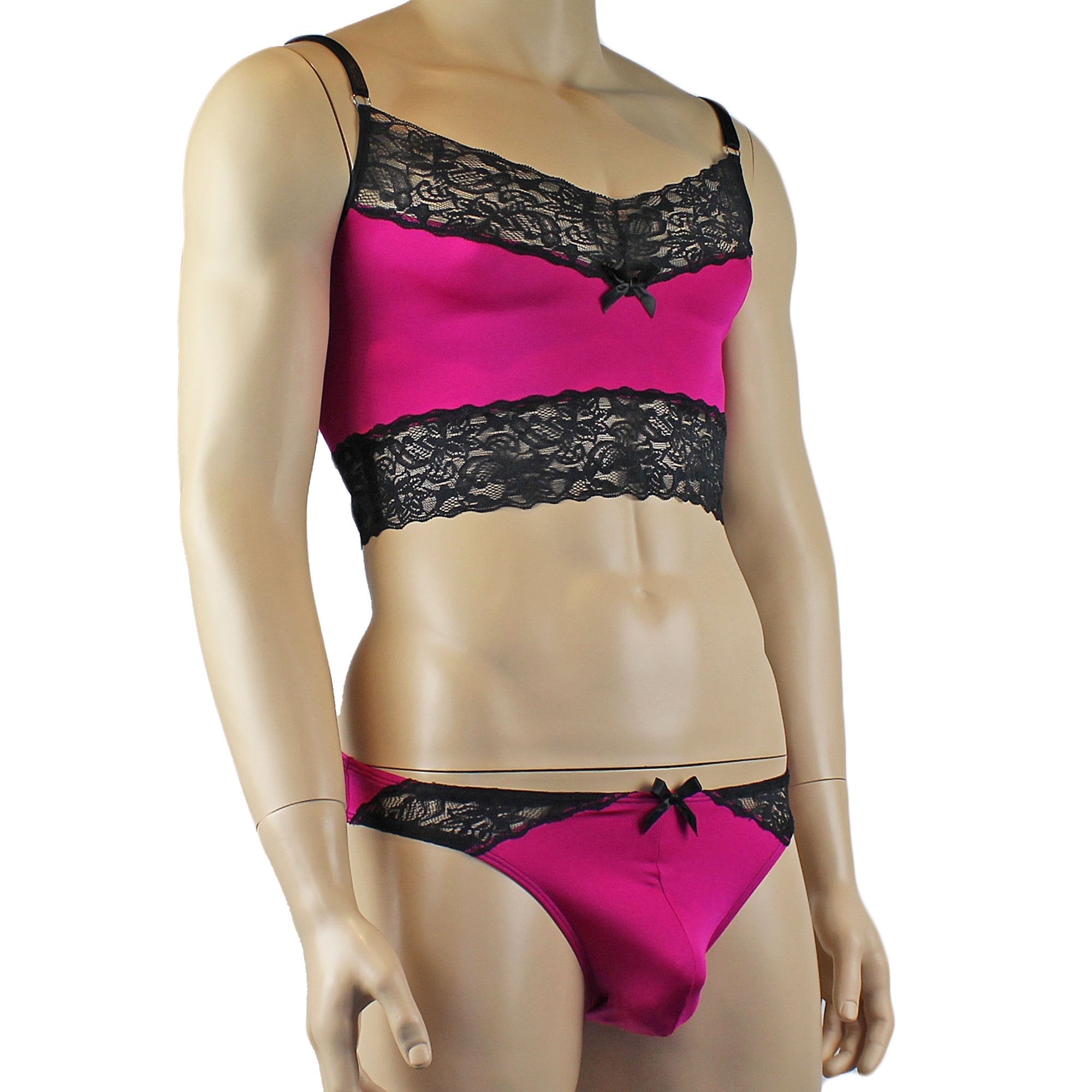 Mens Glamour Camisole Top with High Waist Thong- Sizes up to 3XL Raspberry