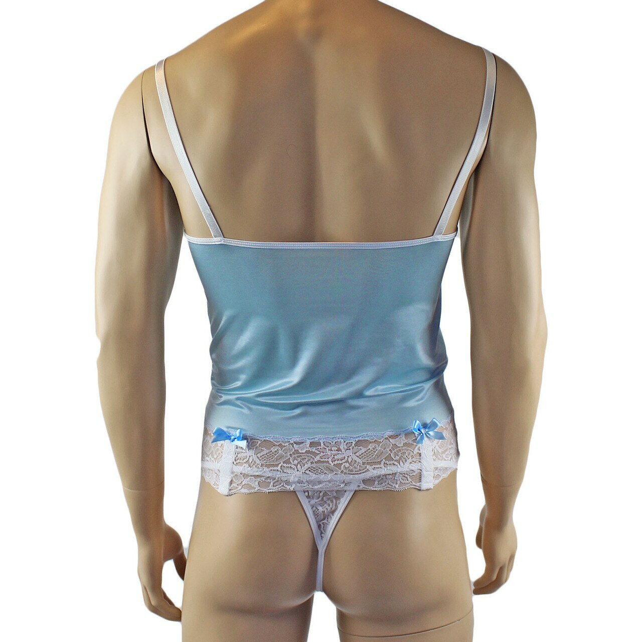 Mens Joanne Camisole Bustier Garter Top with Pouch G string - Sizes up to 3XL Light Blue and White Lace