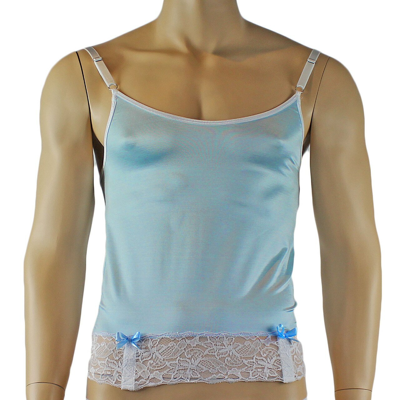 Mens Joanne Camisole Bustier Garter Top with Thong & Stockings - Sizes up to 3XL Light Blue and White Lace