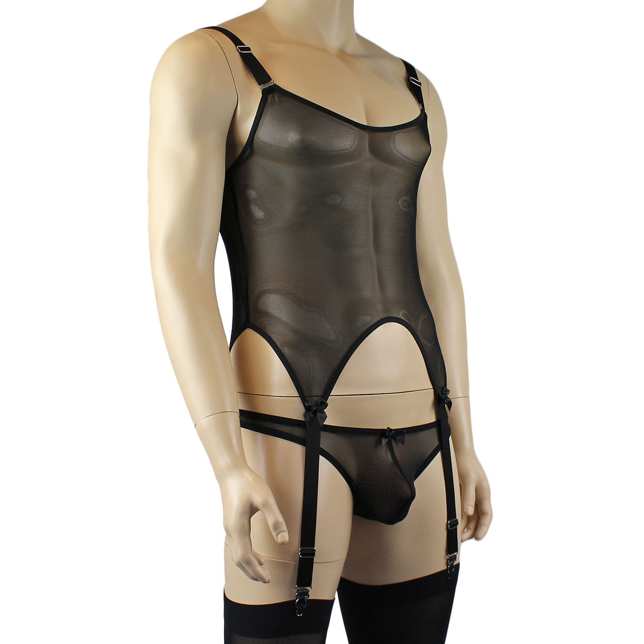 Mens Exotic Corset Top, Brief & Stockings - Sizes up to 3XL Black