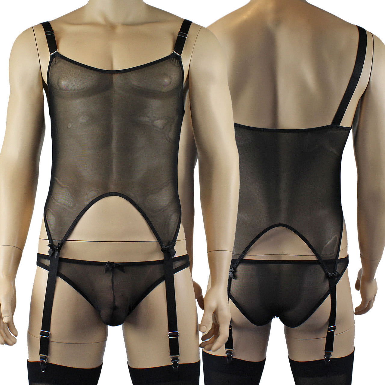 Mens Exotic Corset Top, Brief & Stockings - Sizes up to 3XL Black
