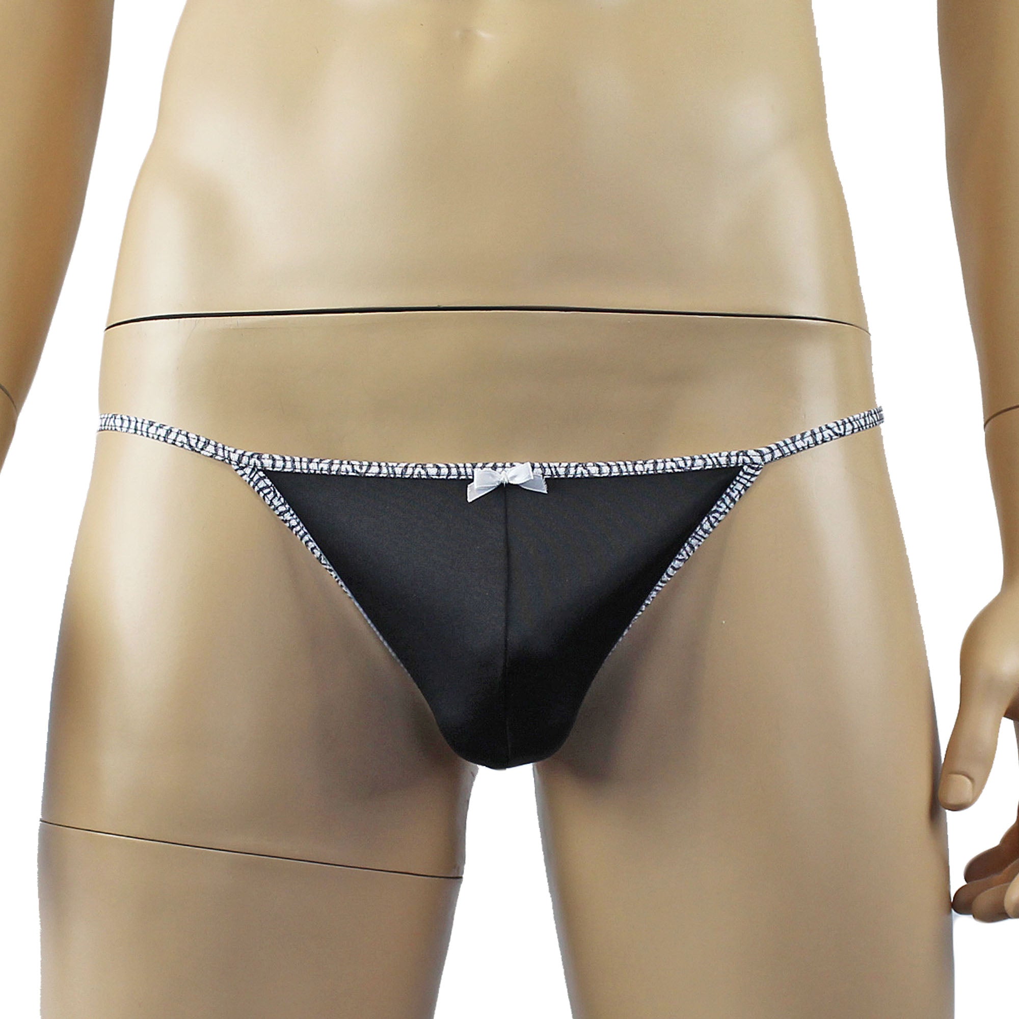 Mens Pretty Lycra G string Underwear with Zebra trim & Bow Black
