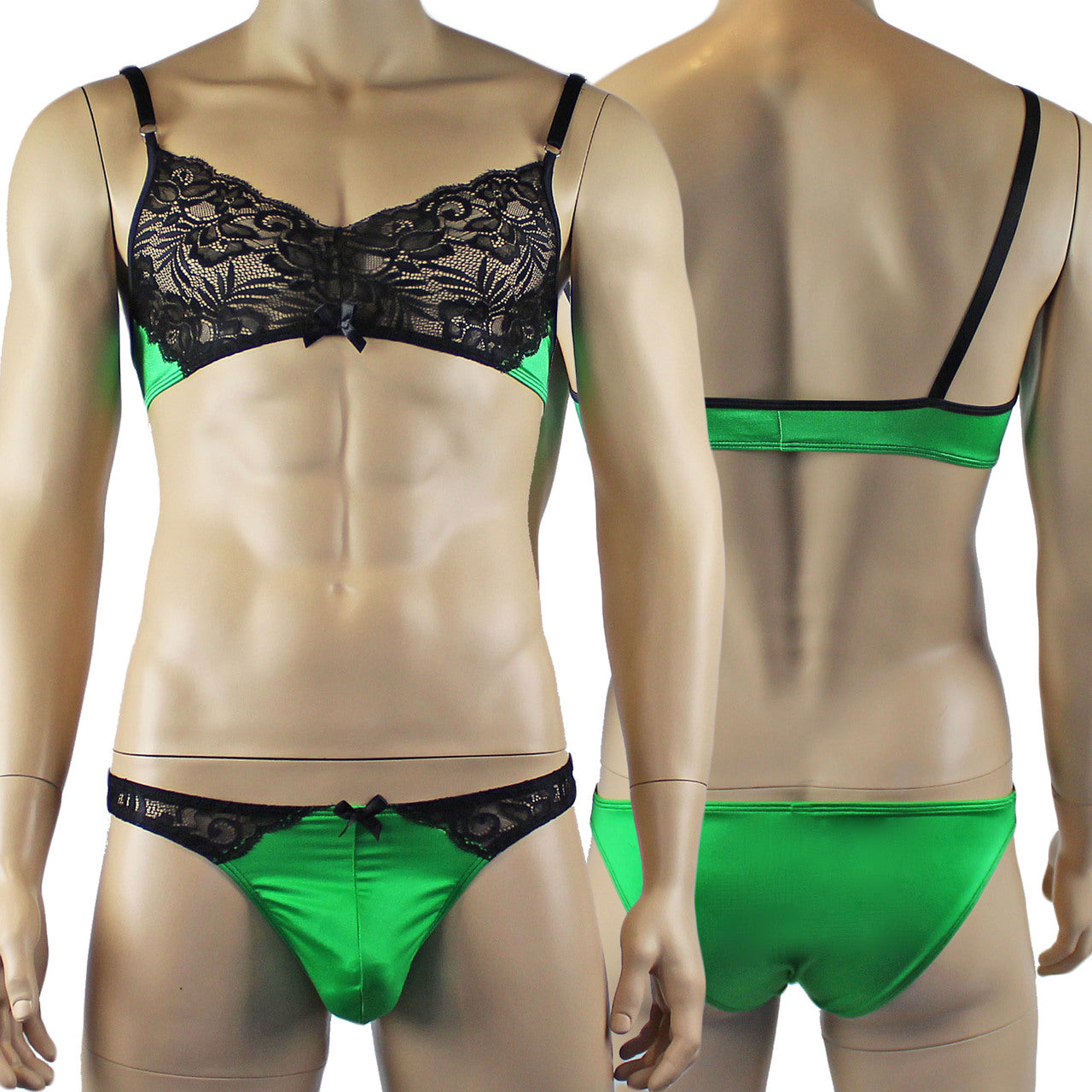 Mens Risque Bra Top and Bikini Brief Green and Black Lace