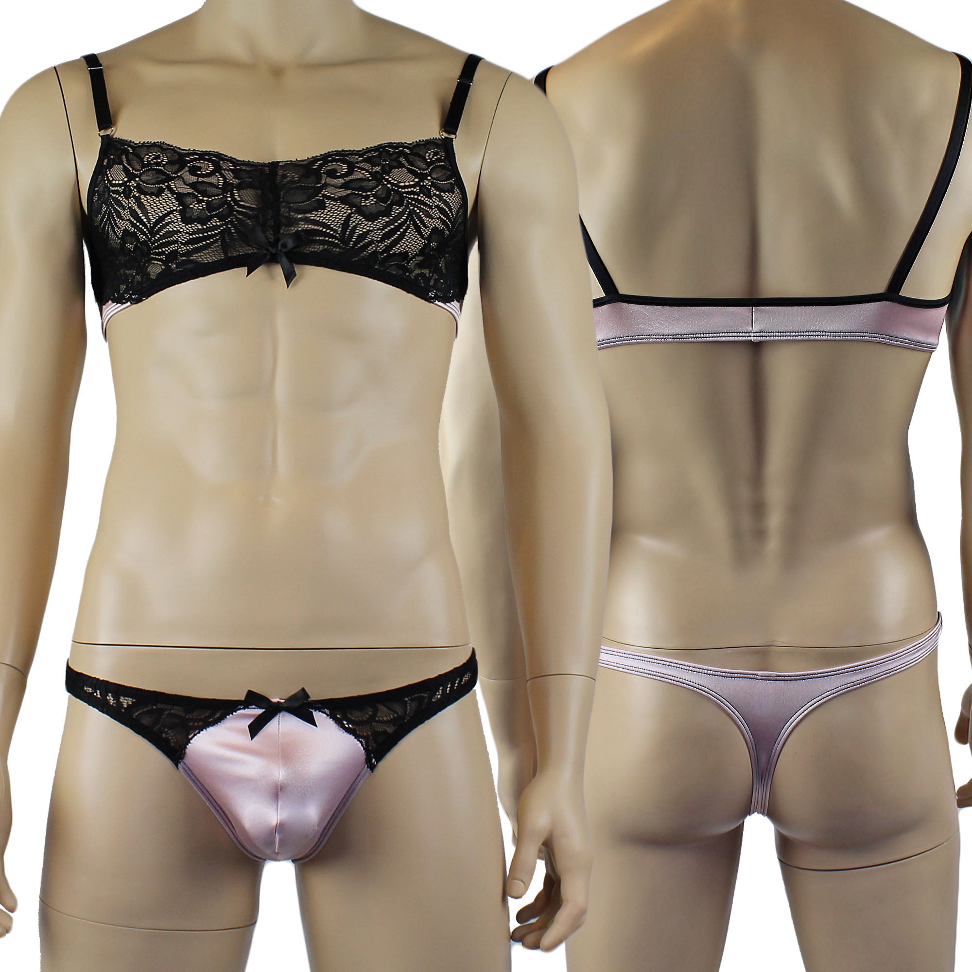 Mens Risque Bra Top and Thong Light Pink and Black Lace