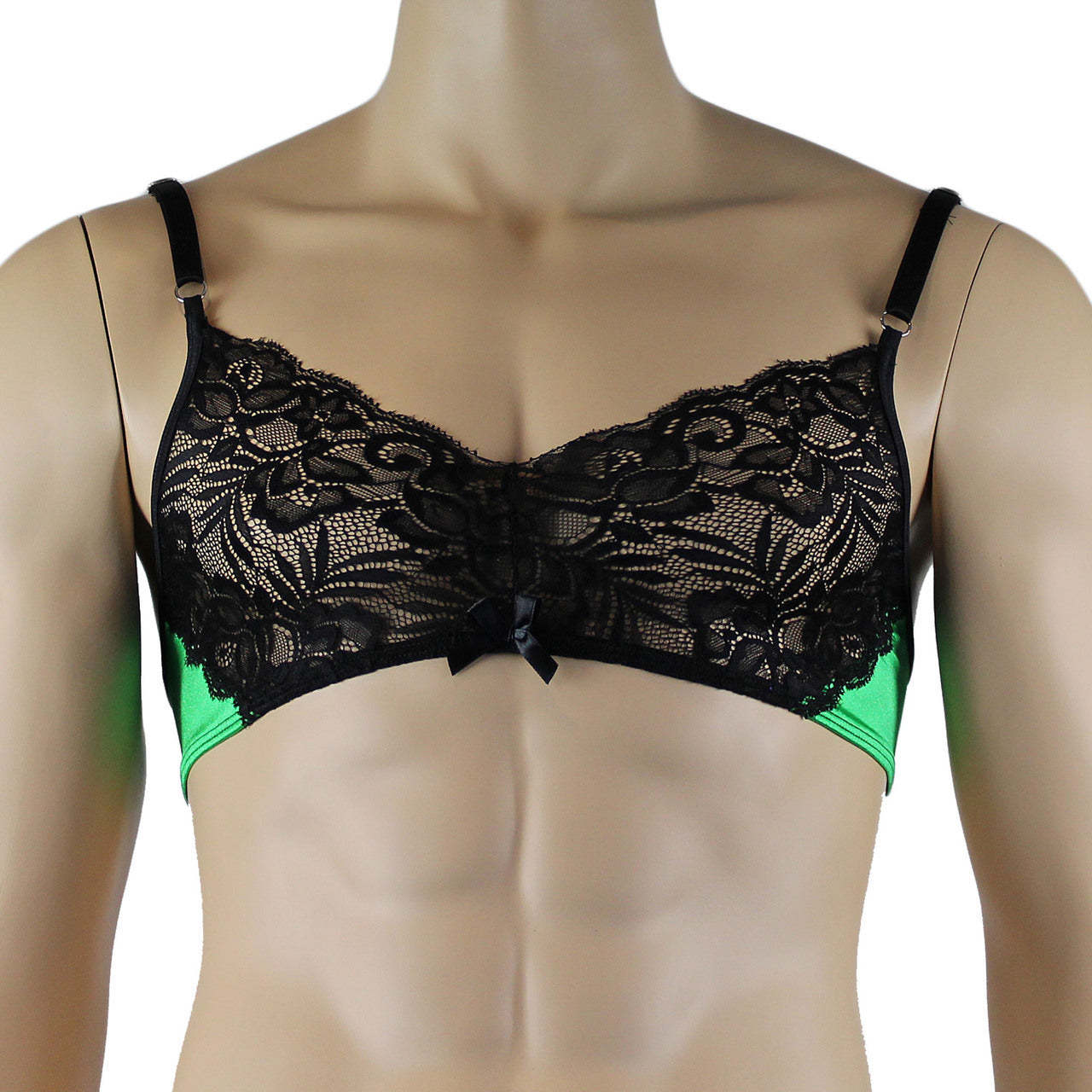 Mens Risque Bra Top and Thong Green and Black Lace