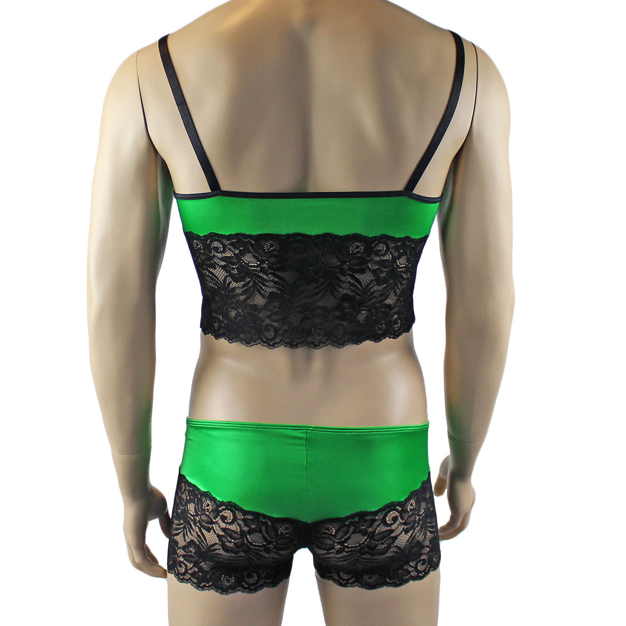 Mens Risque Camisole Top Boxer Briefs Green and Black Lace