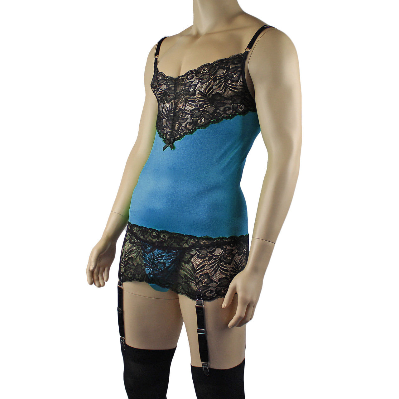 Mens Risque Camisole Mini Dress Chemise, G string & Stockings Teal and Black Lace