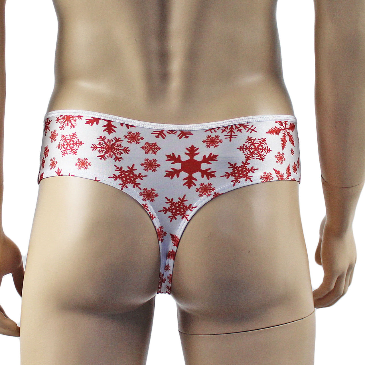 Mens Snowflake Print Spandex High Cut Thong White and Red