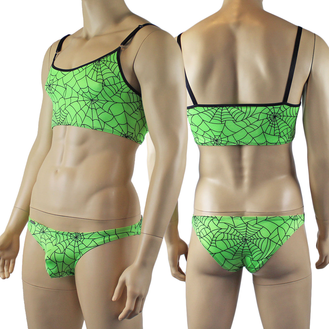Mens Spider Web Camisole Bra Top & Bikini Brief Lime