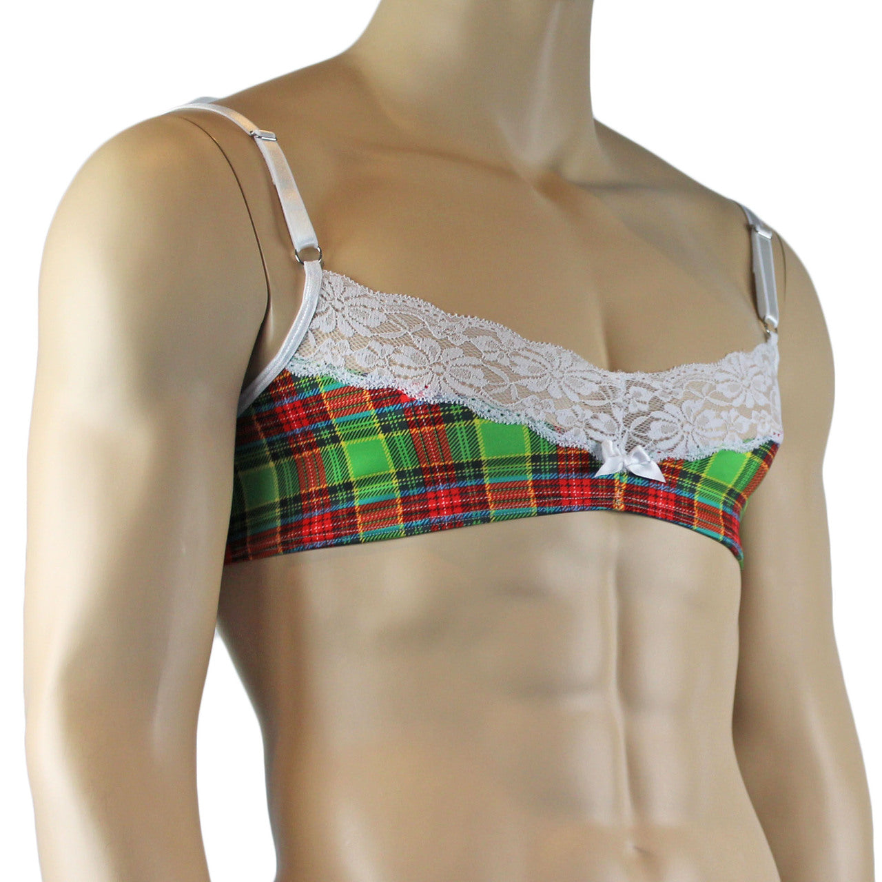 Mens Plaid Tartan Bra Top with floral Lace Detail Green and Red