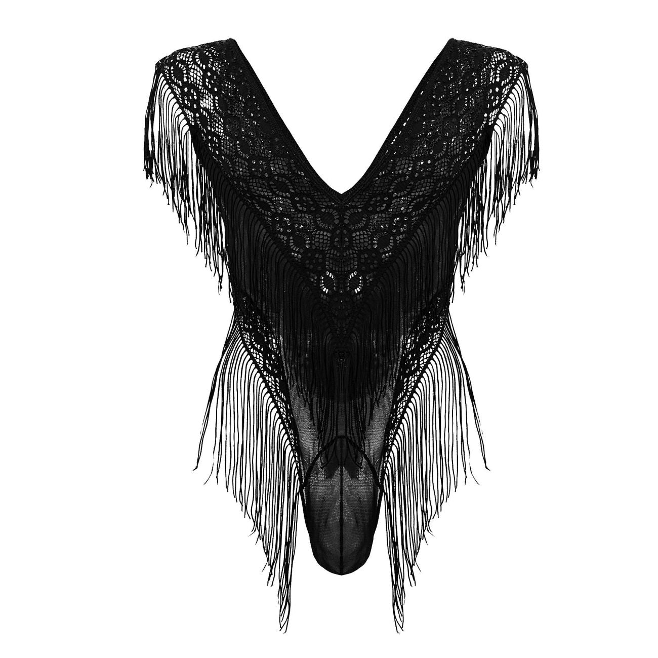 CandyMan 99865 Mens Sexy Lace-Mesh Bodysuit with Fringe Black