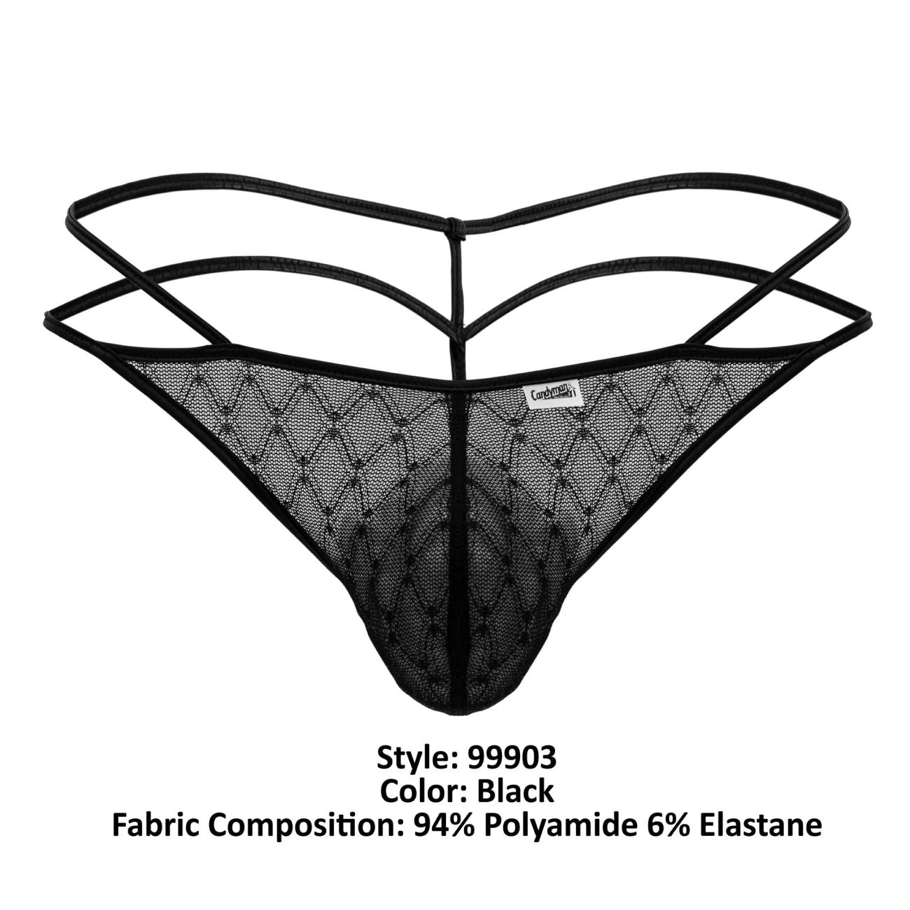CandyMan 99903 Mens Strappy Geometric Mesh Thongs Black Plus Sizes