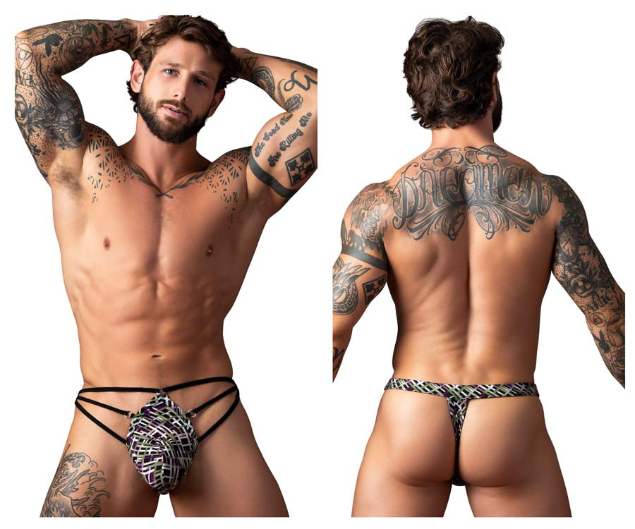 Male Power 419-303 Gridlocked Mens Thong Straps-Rings Printed