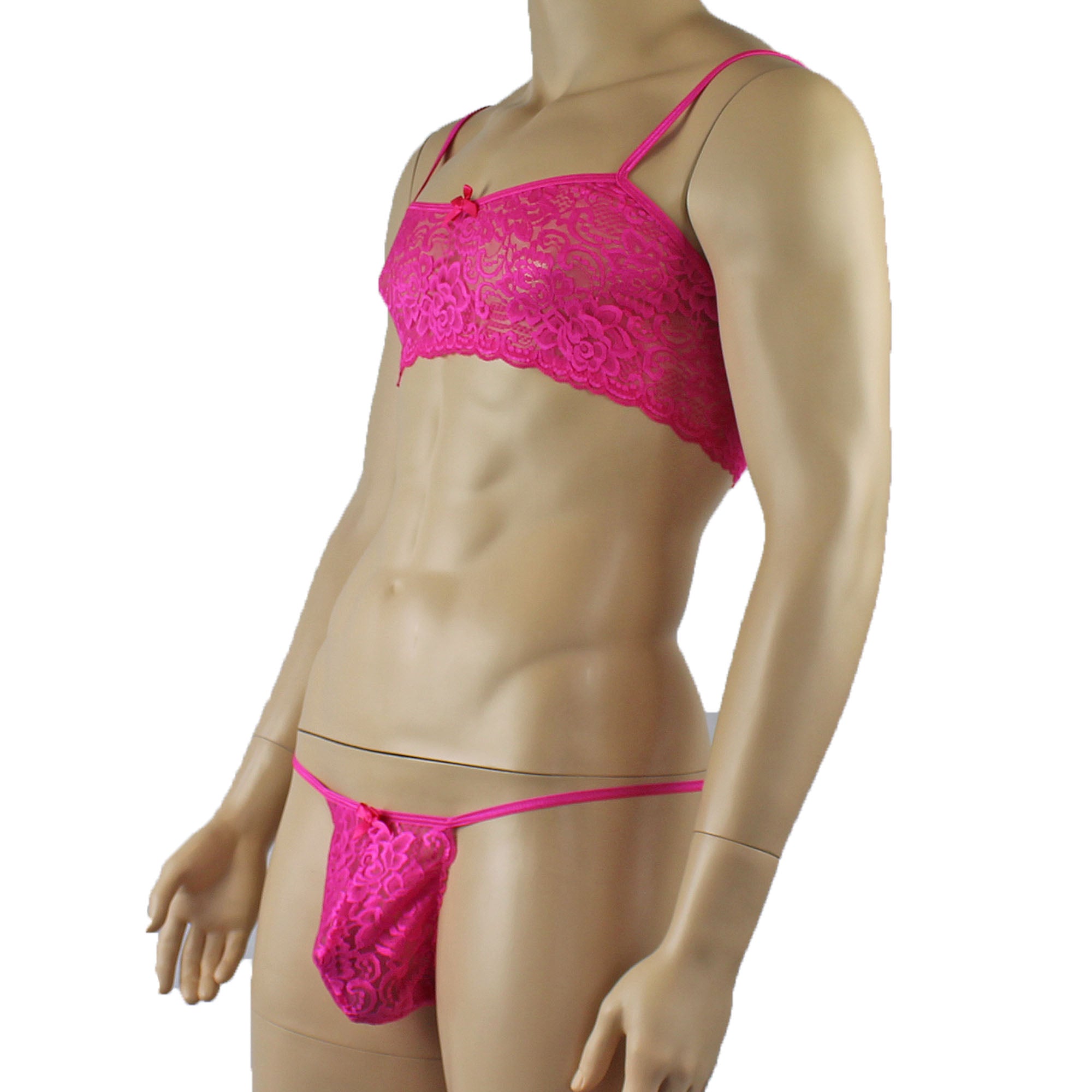 Mens Rebecca Pretty Floral Lingerie Lace Bra Top, Open Garter Boxer Shorts with G string Hot Pink