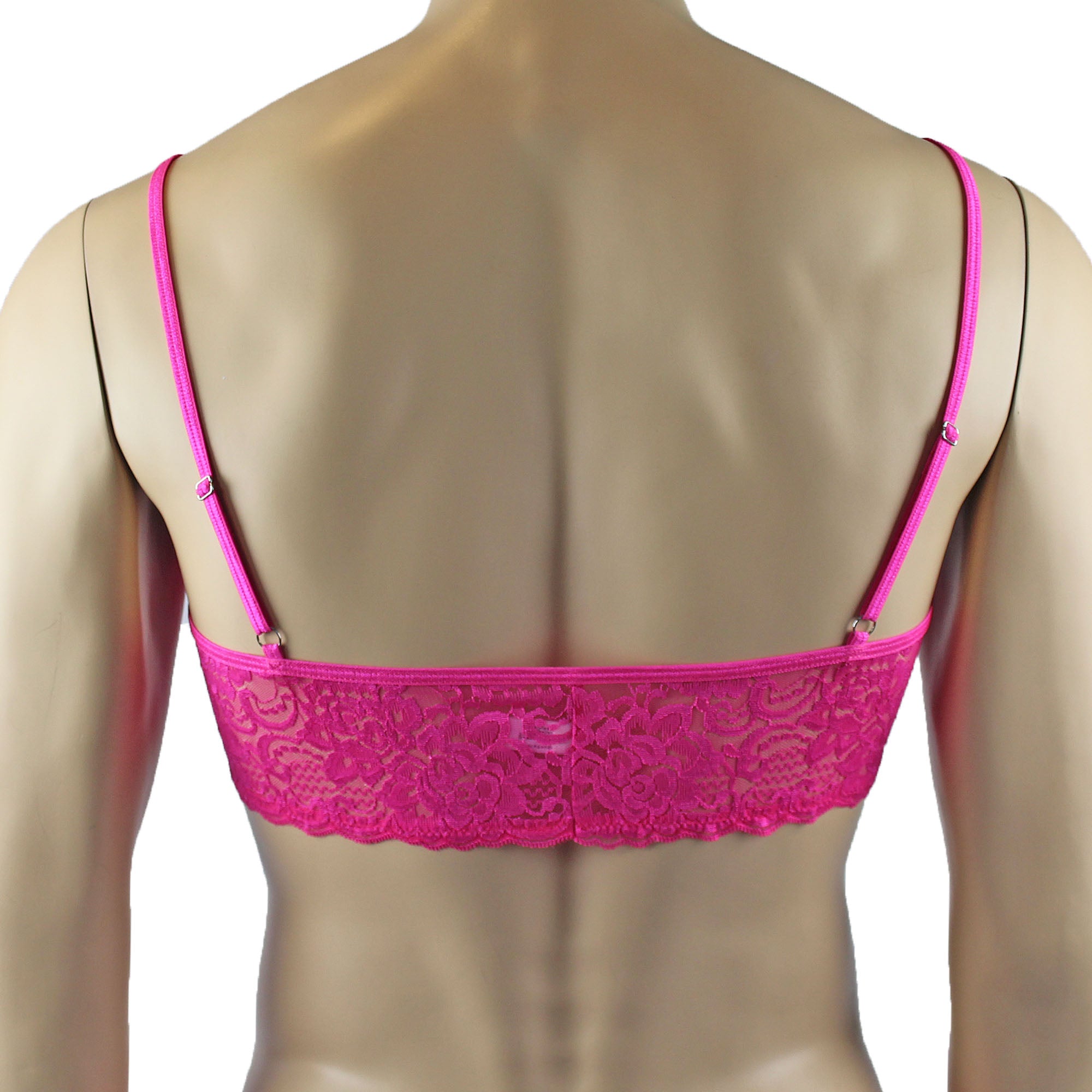 Mens Rebecca Pretty Floral Lingerie Lace Bra Top, Open Garter Boxer Shorts with G string Hot Pink