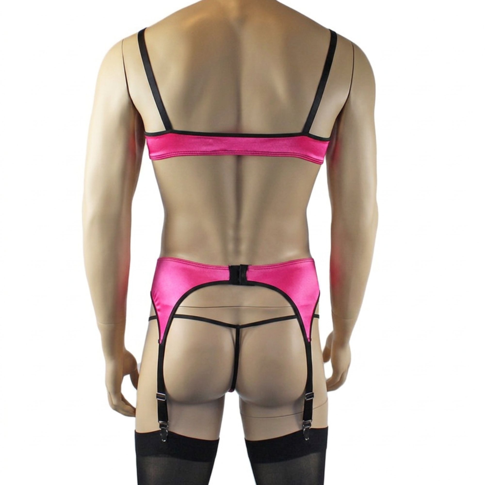 Mens Jenny Shiny Spandex Bra Top, G string and Garterbelt Lingerie Hot Pink & Black