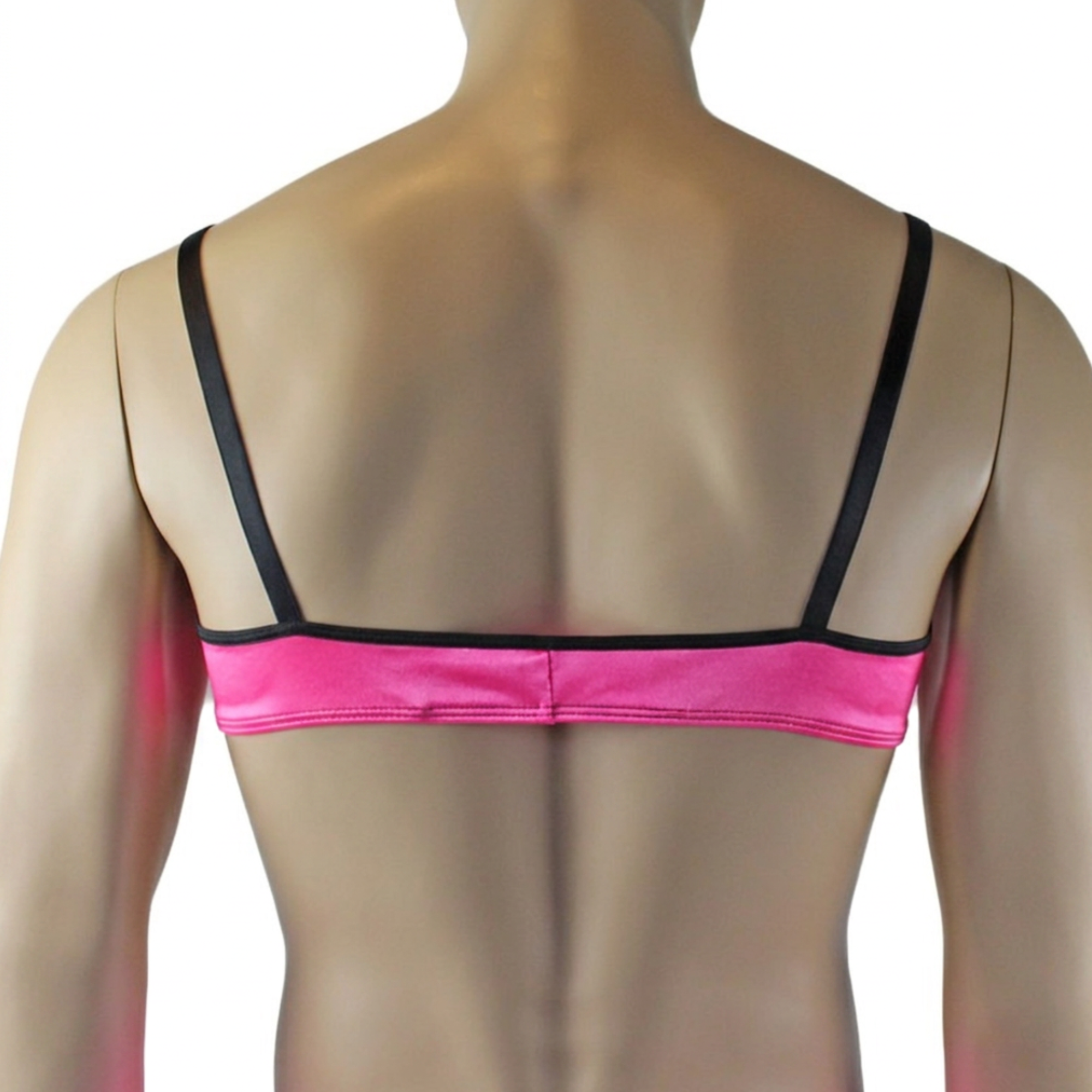Mens Jenny Shiny Spandex Bra Top, G string and Garterbelt Lingerie Hot Pink & Black