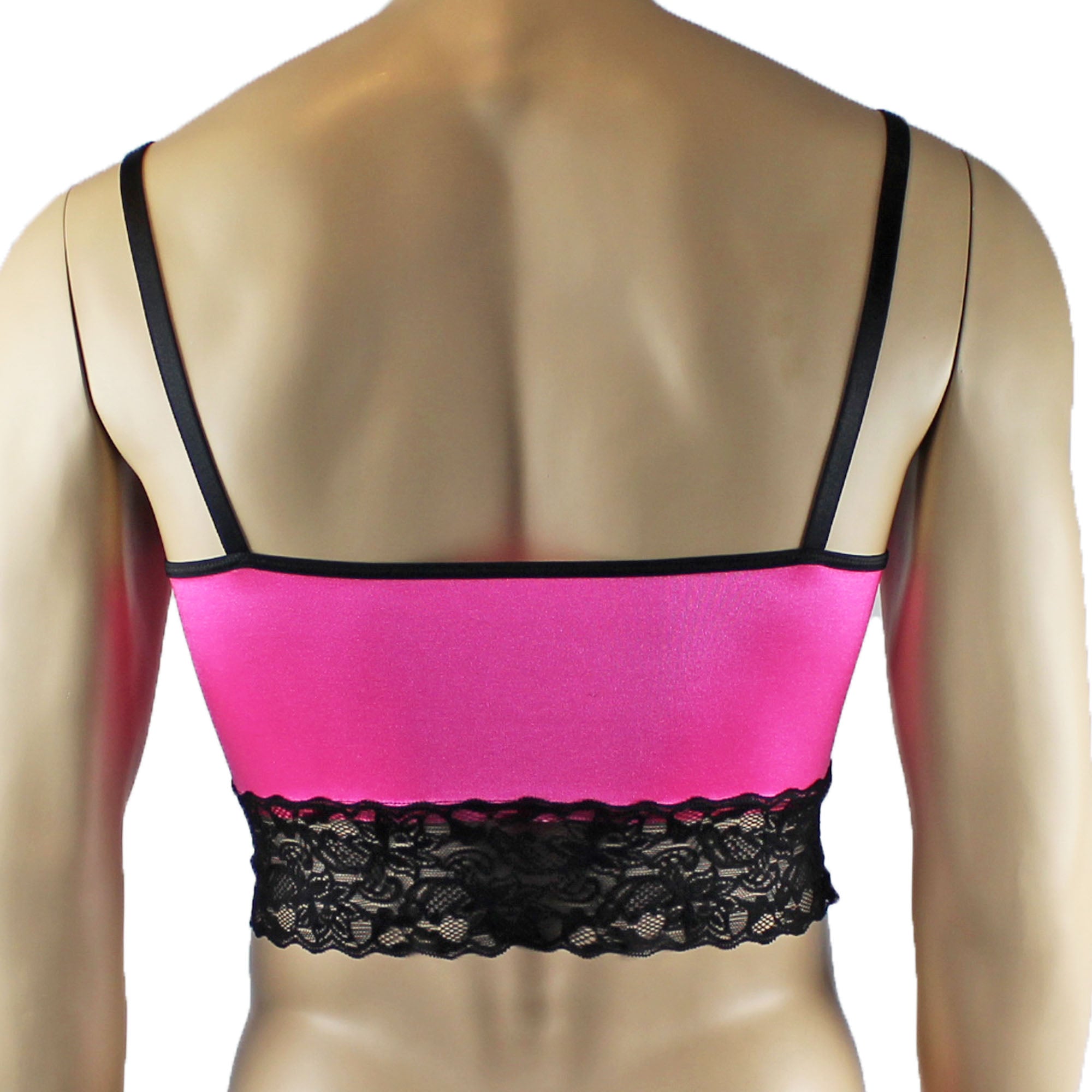 Mens Joanne Satin & Lace Crop Cami Top with Sexy Thong - Sizes up to 3XL Hot Pink and Black Lace
