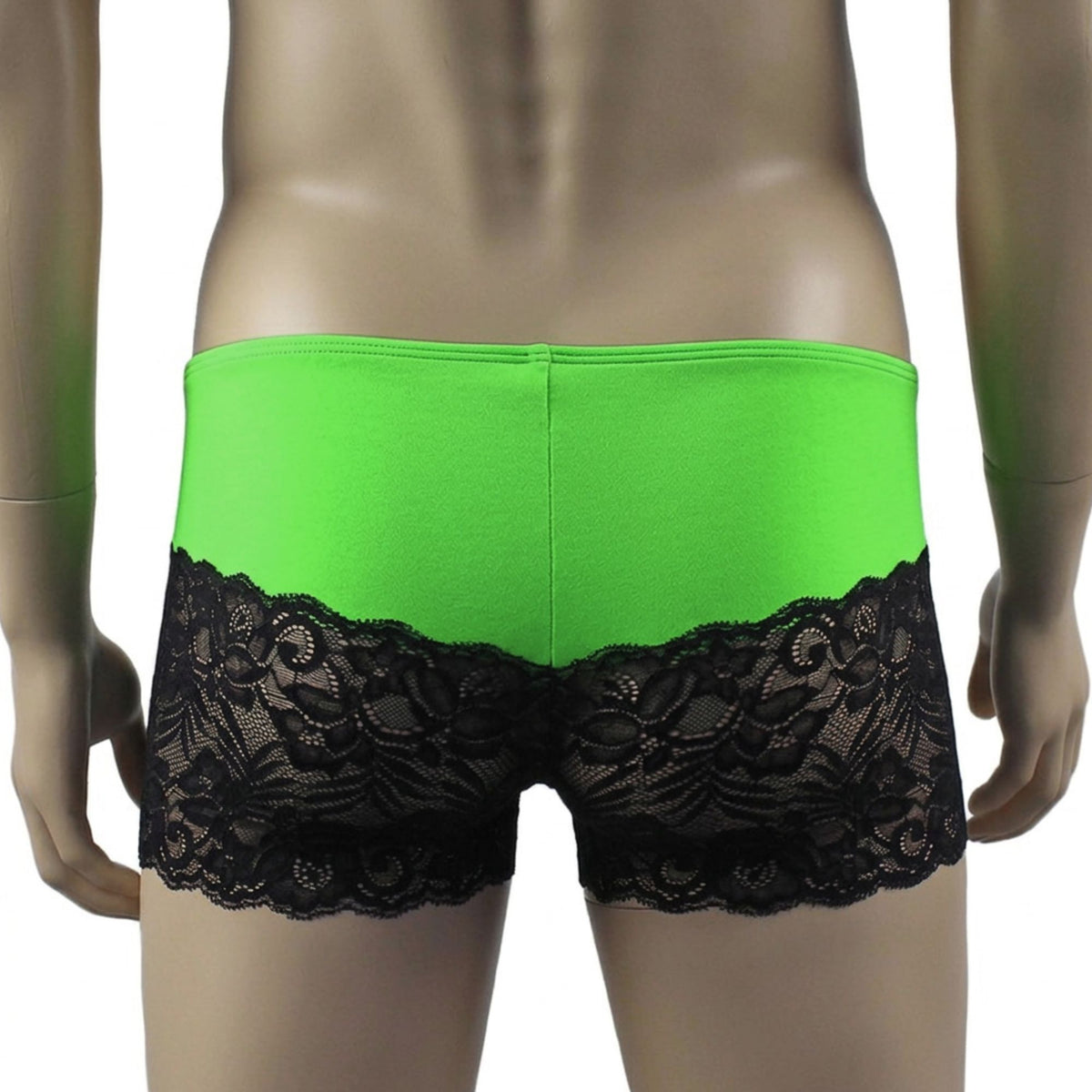 Mens Risque Boxer Briefs with Detachable Garters & Stockings Neon Green and Black Lace